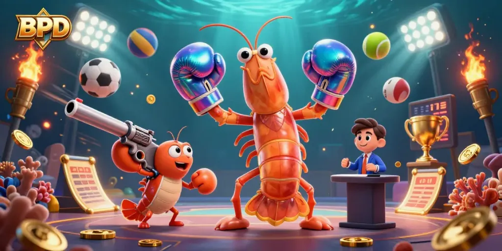BPD-themed illustrated scene with energetic shrimp characters amidst dynamic sports betting elements.
