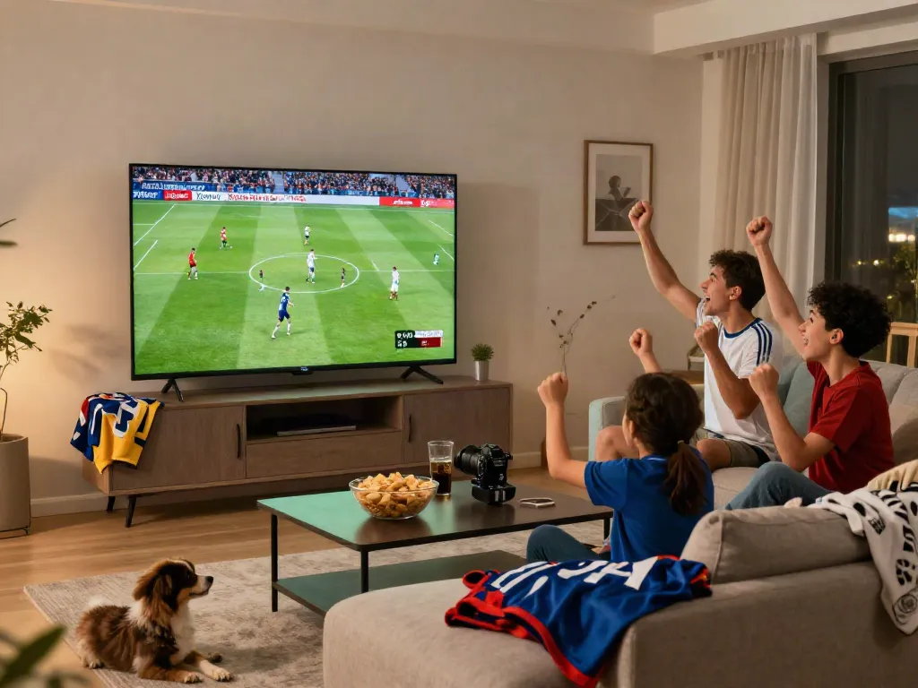Excited football fans watching Xoilactv live match in a cozy living room.