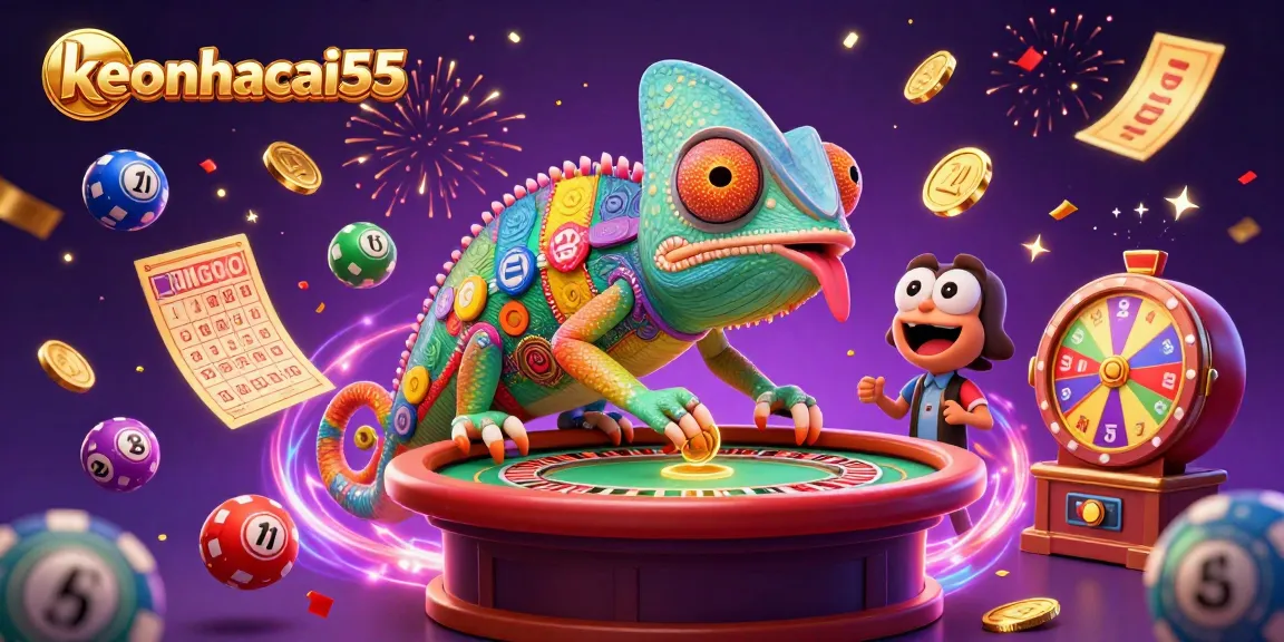 Engage with keonhacai55 in a vibrant casino scene featuring a colorful chameleon owner amidst lottery balls and confetti.