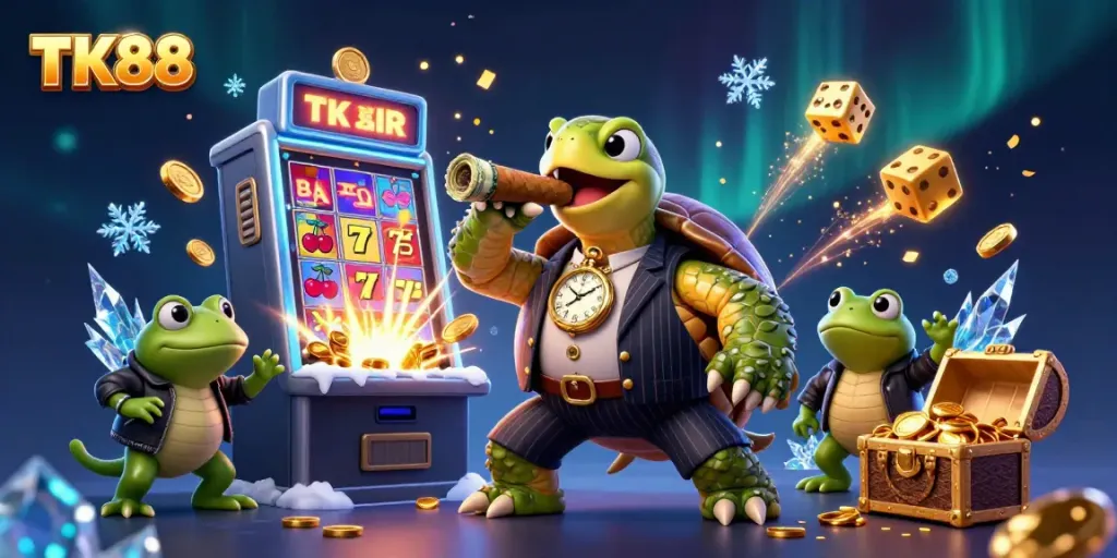 Experience thrilling wins with TK88 as cartoon characters celebrate a jackpot explosion in a lively casino
