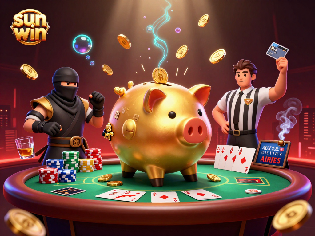 Engage with the thrill of sun win as a golden piggy bank sumo wrestler drops coins, surrounded by poker elements.