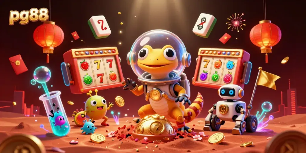 Experience winning spins at pg88's golden casino with vibrant 3D characters and slots in the Martian landscape.