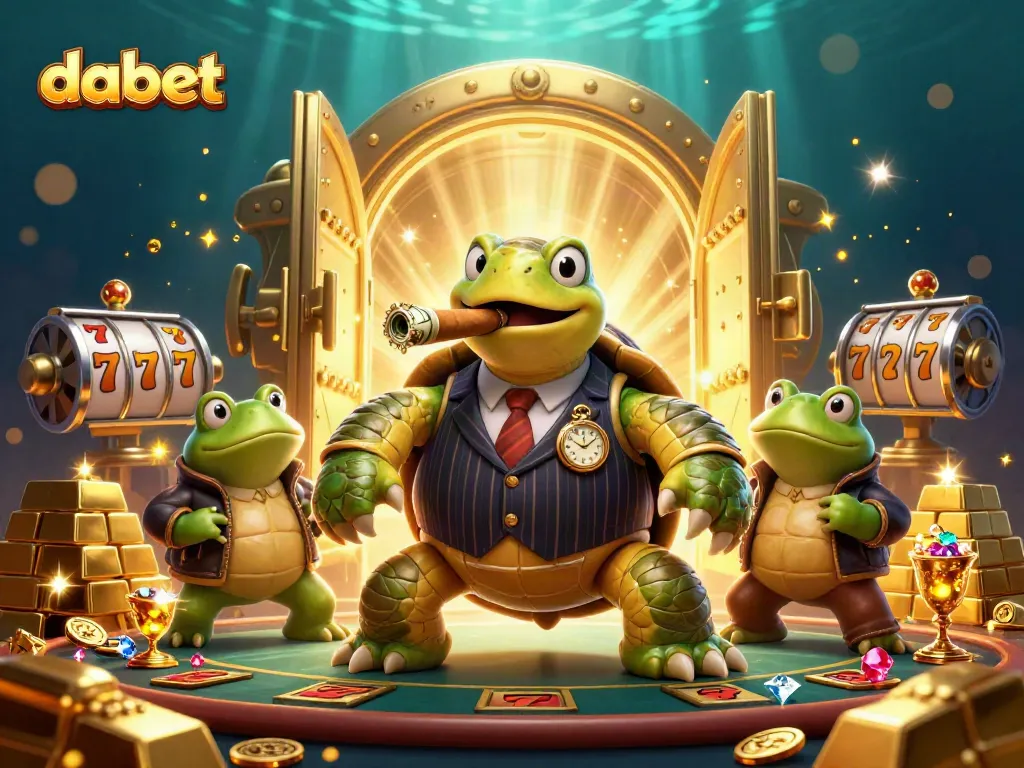 Dabet showcases an exciting casino scene with a turtle mobster, bullfrog enforcers, and slot reels.
