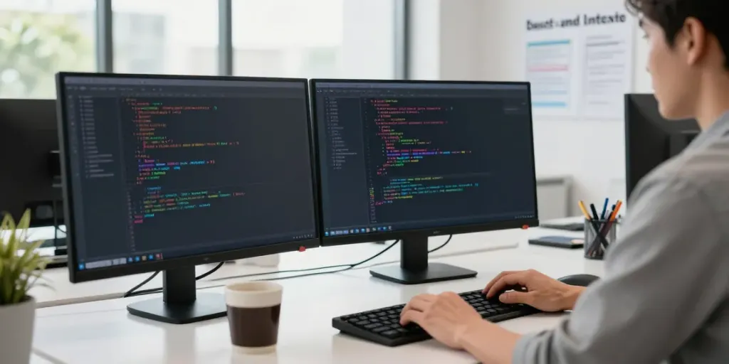 Workspace showcasing instant indexing with a developer coding on dual monitors in a bright office.