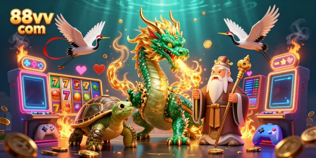 Engage with 88vv com in a vibrant 3D casino adventure featuring a jade dragon and lucky symbols.