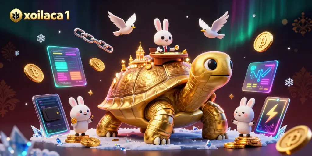 Experience excitement with xoilaca1 as a golden tortoise hosts a casino scene filled with unique gaming elements.