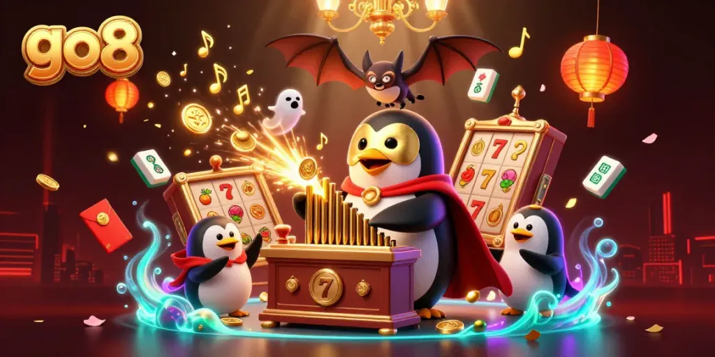 Experience the thrilling action of go8 casino featuring a whimsical penguin organist amidst vibrant gaming elements.