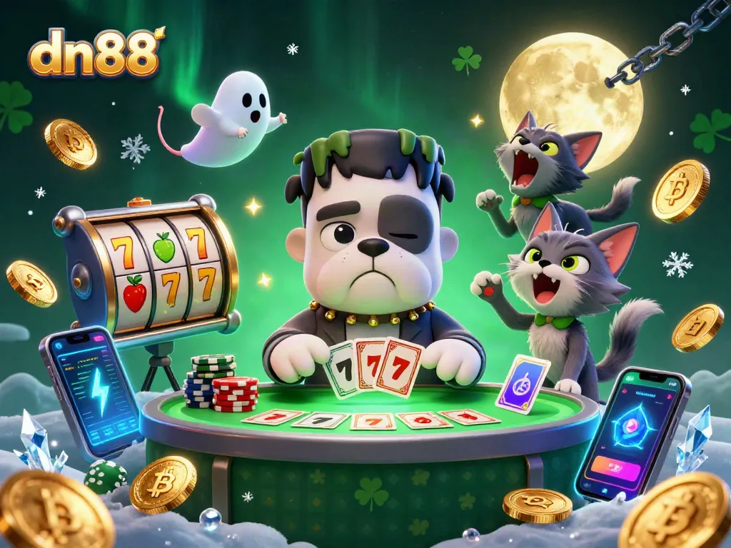 Engage with the thrilling dn88 casino scene featuring a card-dealing bulldog monster, while a ghost mouse floats among the chips.
