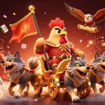 Bet on UFABET with a vibrant 3D casino illustration featuring a rooster warlord, chariot, and dynamic gaming elements.