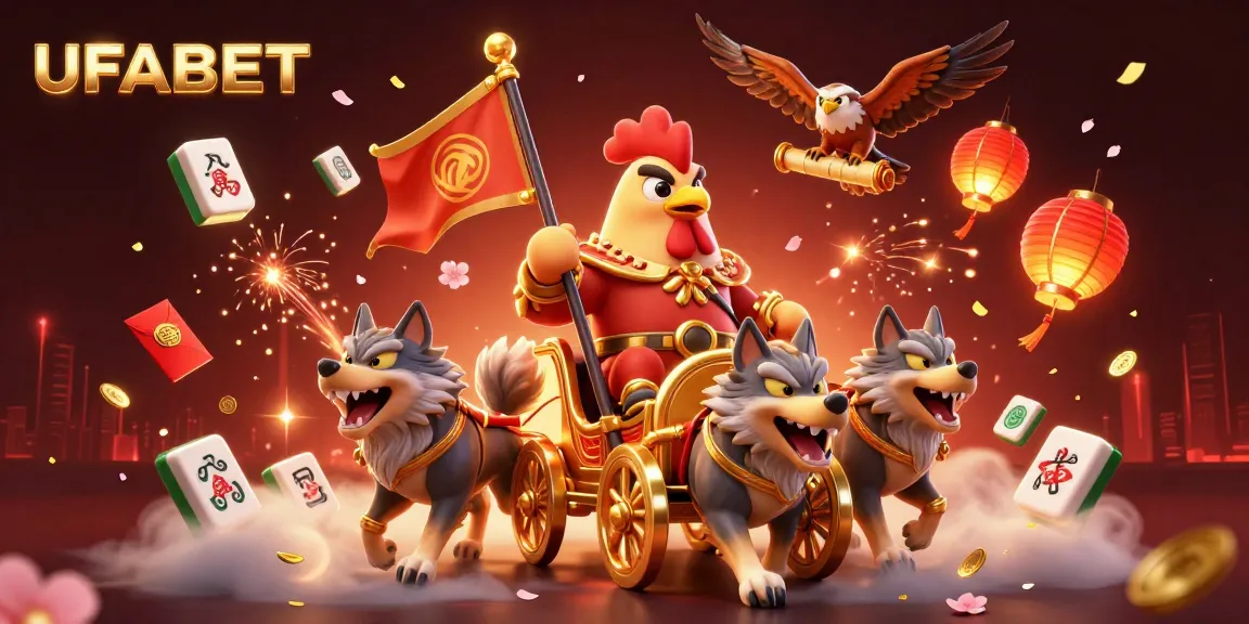 Bet on UFABET with a vibrant 3D casino illustration featuring a rooster warlord, chariot, and dynamic gaming elements.