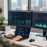 Data scientist using machine learning tools in a modern workspace with dual monitors and city skyline