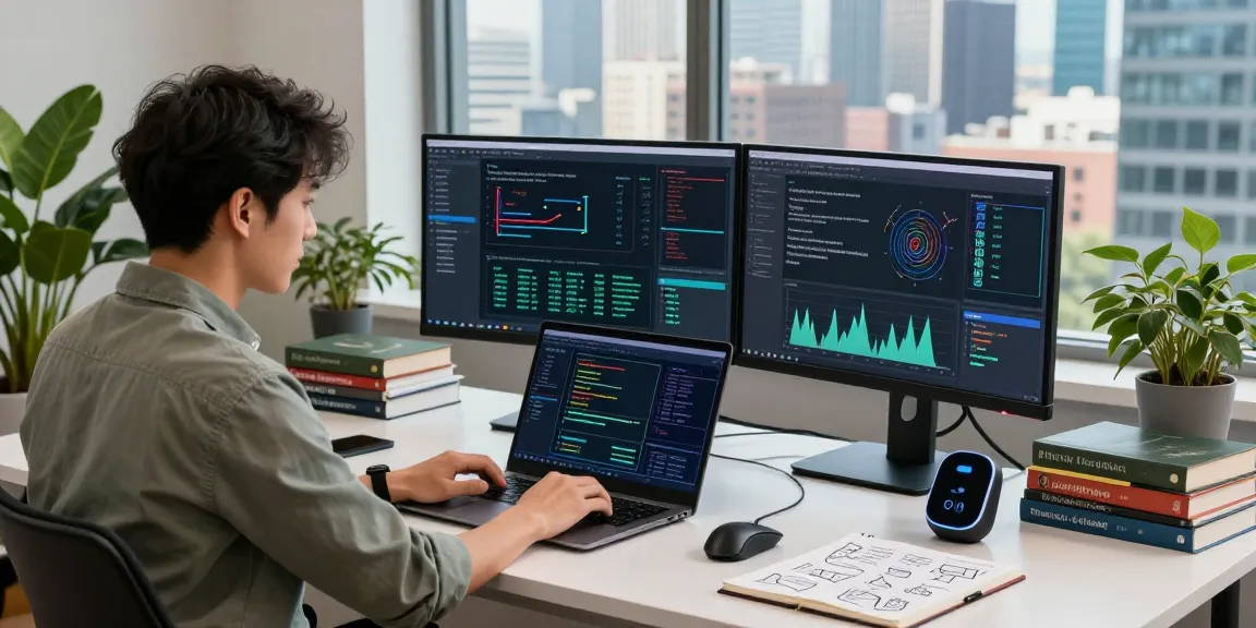Data scientist using machine learning tools in a modern workspace with dual monitors and city skyline