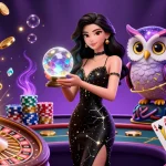 Experience the thrilling world of BON68 as a captivating woman and mystical owl create magic in this vibrant casino illustration.