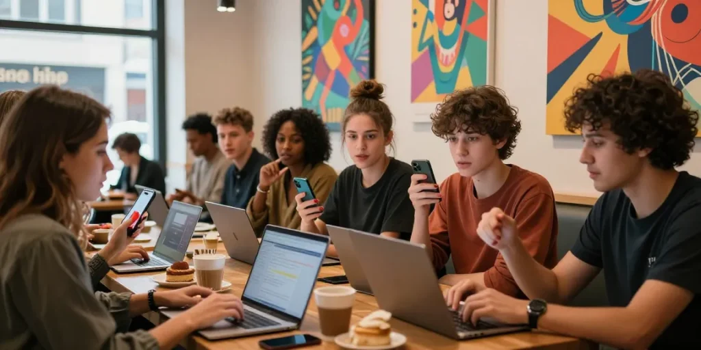 Engaged group discussing NSFW topics in a cozy coffee shop setting.