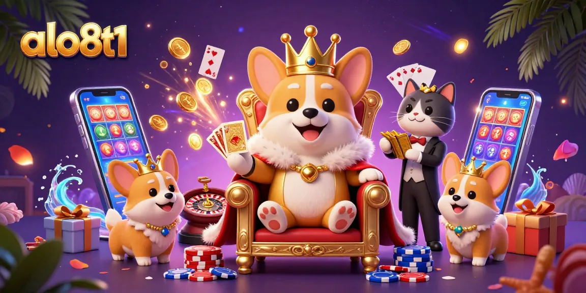 Engage with the exciting world of online gambling at alo8t1, featuring a royal corgi and vibrant game elements.
