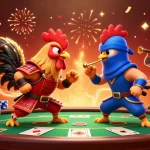 Experience thrilling action with 80win, featuring cartoon roosters in a dramatic standoff amidst poker chips and gaming elements.