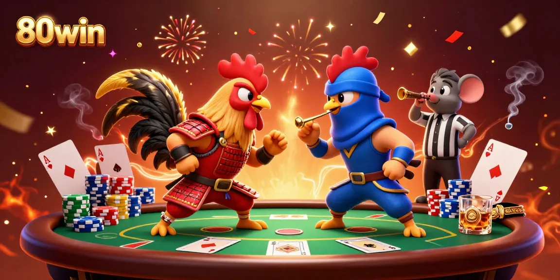 Experience thrilling action with 80win, featuring cartoon roosters in a dramatic standoff amidst poker chips and gaming elements.