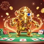 Xocdia 88's vibrant casino scene showcases a golden golem made of coins, poker elements, and dynamic celebrations.