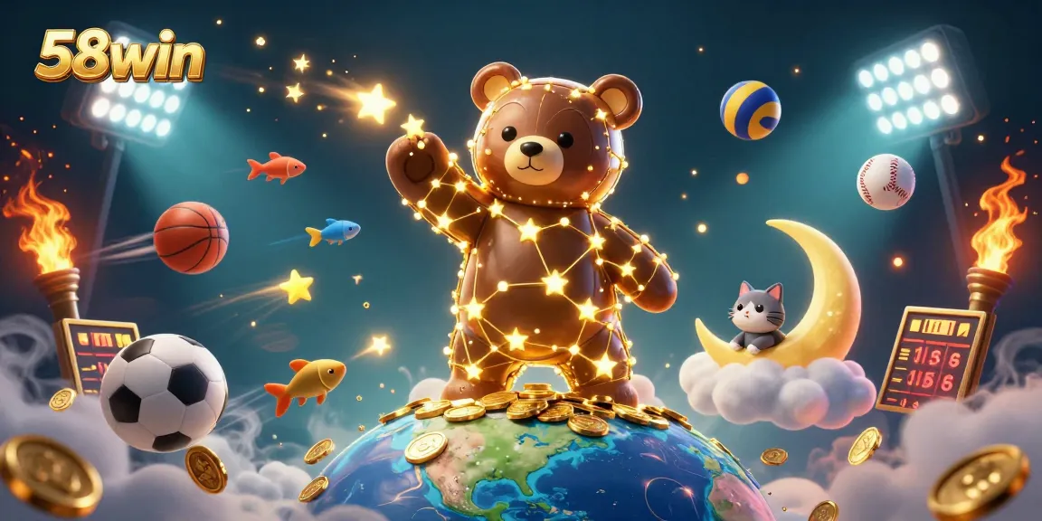 Experience 58win's thrilling gaming atmosphere with a dynamic 3D cartoon illustration showcasing exciting sports betting elements.