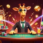 Experience the excitement of bj388 with a vibrant casino scene featuring a high-roller giraffe and dynamic gaming elements.