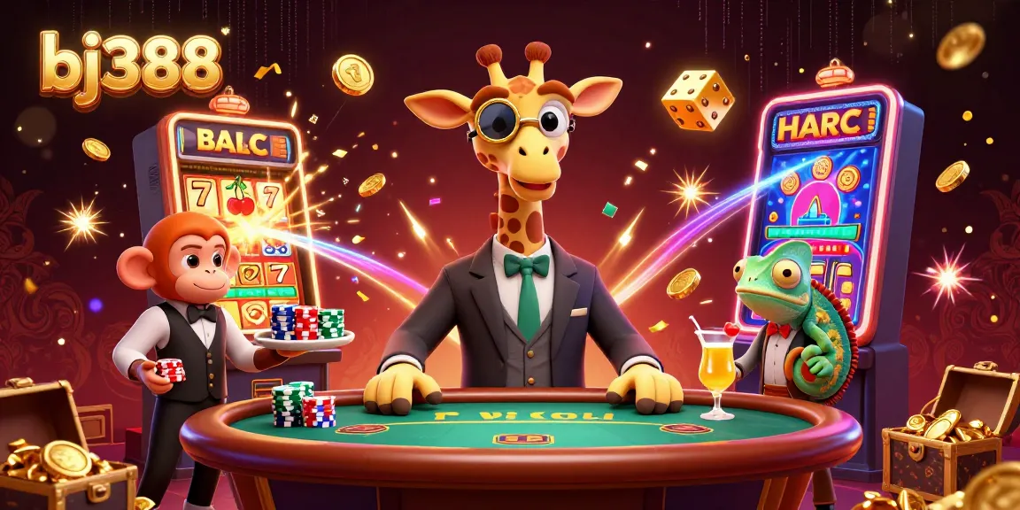 Experience the excitement of bj388 with a vibrant casino scene featuring a high-roller giraffe and dynamic gaming elements.