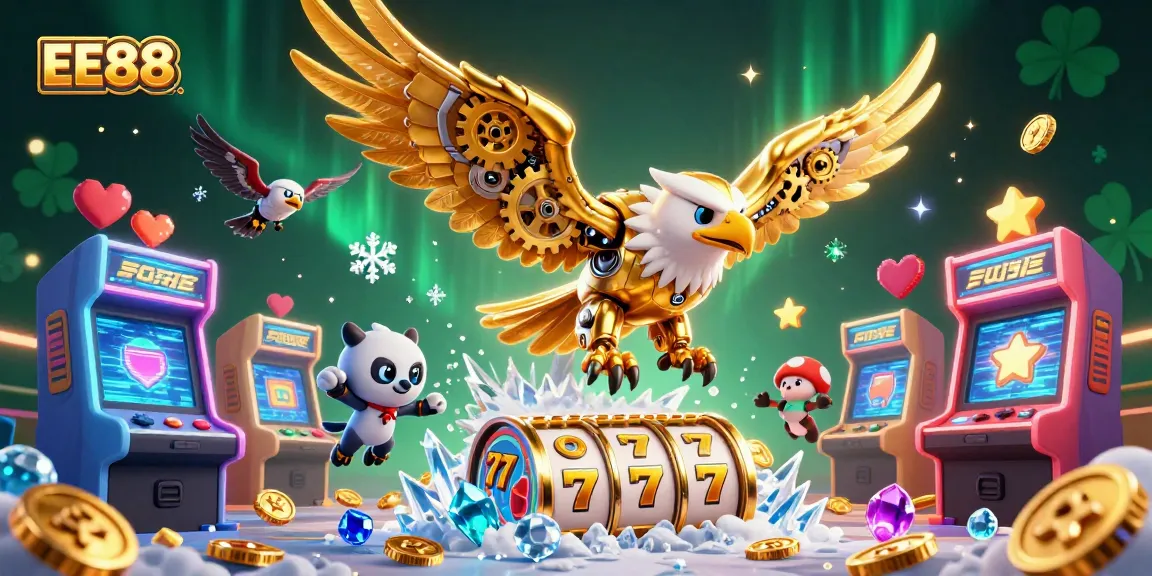 EE88's thrilling gaming experience features a golden eagle amidst cascading slot reels and drones in a vibrant scene.