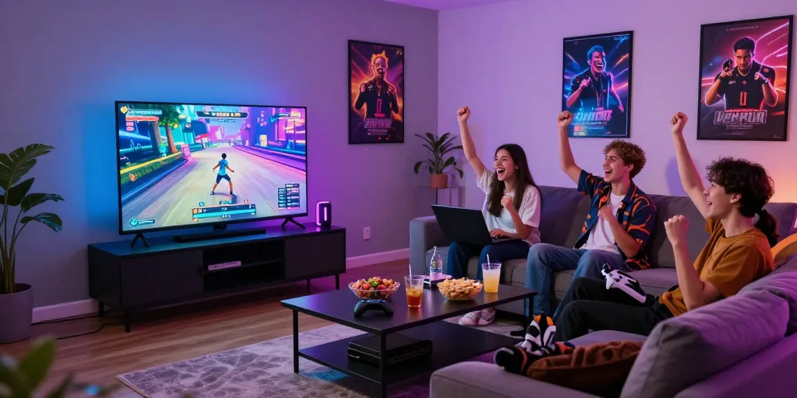 Engaging scene of friends playing online ecchi games in a modern living room, showcasing fun and energy.