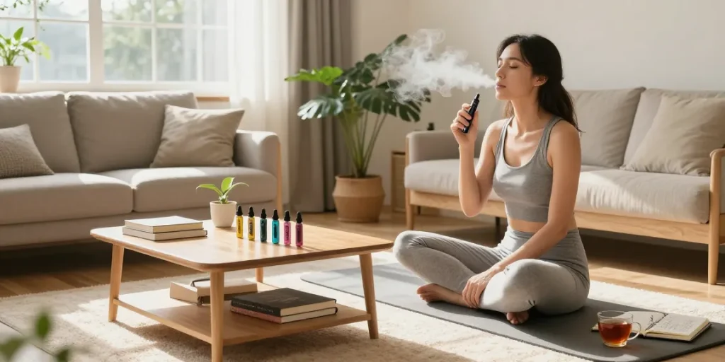 Strong THC vapes UK showcased in a relaxing home setting with organic CBD products and vaporizer.