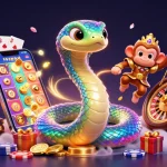 Engage in thrilling fo88 casino action with a vibrant scene of golden serpent, monkey king, and dynamic gambling elements.