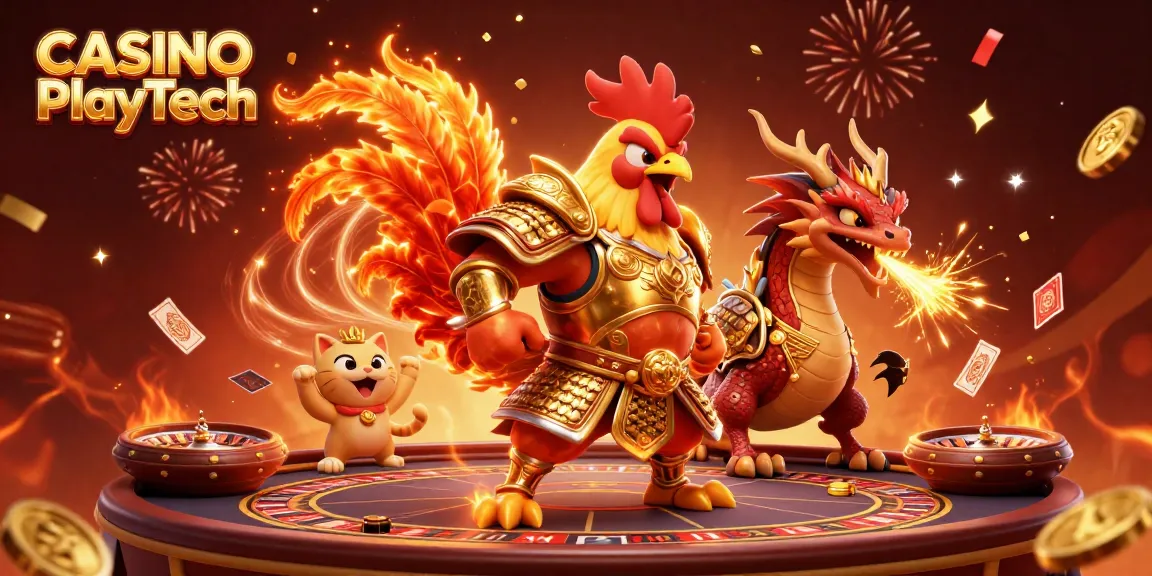 Experience thrills at CASINO Playtech with a vibrant 3D illustration of gaming excitement.