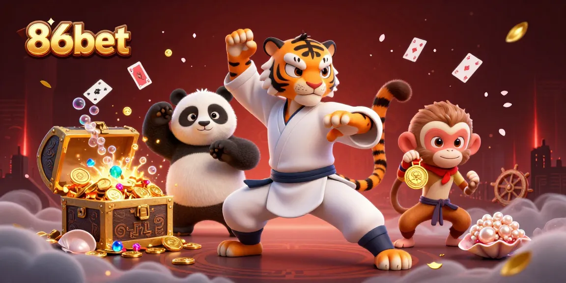 Engage with exciting 86bet casino games, featuring a kung fu tiger, panda, and monkey in action.