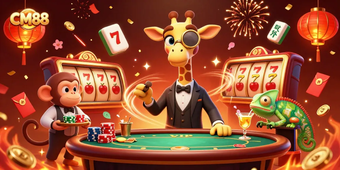 Engage with the vibrant CM88 casino scene featuring lively characters and action-packed slot games.