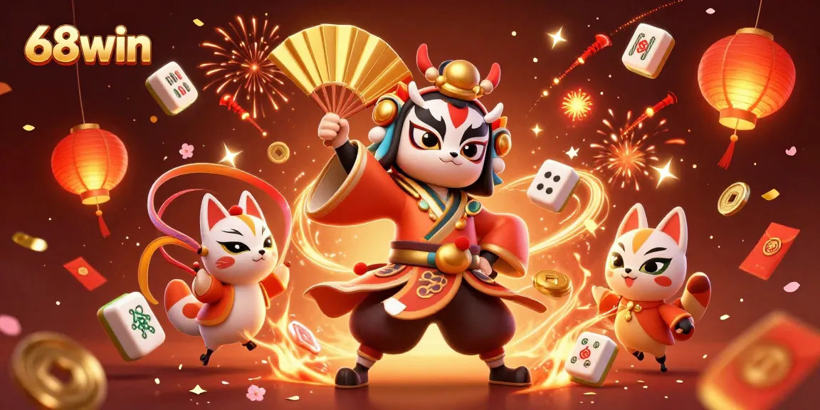 Experience the action at 68win with a colorful 3D illustration of kabuki warriors and lively casino elements.