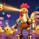 Explore the dynamic gaming scene with Nhà cái TG88 showcasing a futuristic golden rooster robot and arcade games.