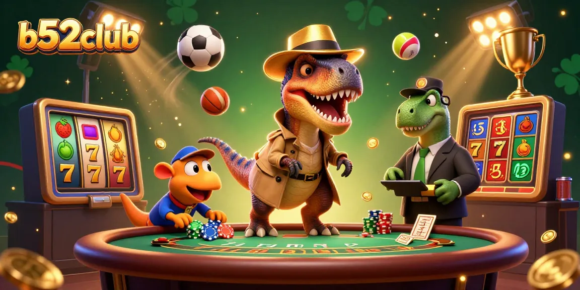 Bets are placed in a vibrant casino scene featuring b52club, a velociraptor card counter amidst thrilling game action.