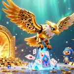 Visualize the excitement with nha cai xin88 as a golden eagle soars through holographic cards in a vibrant casino setting.