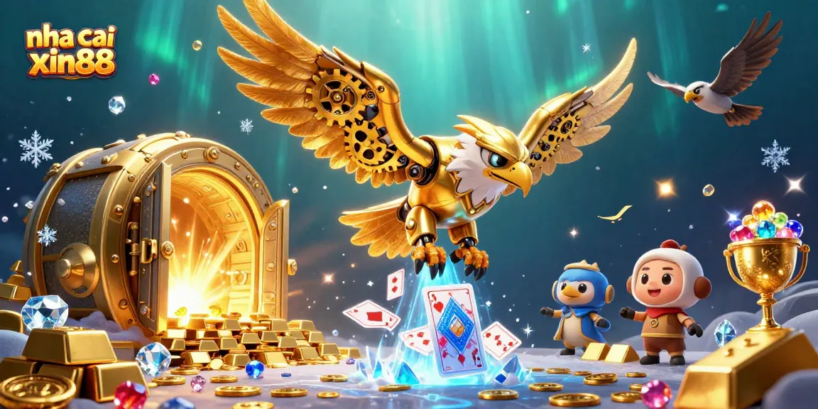 Visualize the excitement with nha cai xin88 as a golden eagle soars through holographic cards in a vibrant casino setting.
