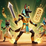 Engage with Nhà cái 789WIN through dynamic 3D casino illustration featuring Anubis and Bastet.