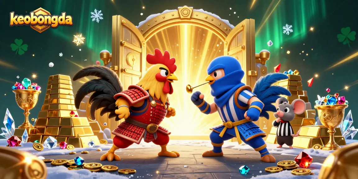 Engage with keobongda as roosters battle amidst a treasure-rich casino scene filled with gold and gems.