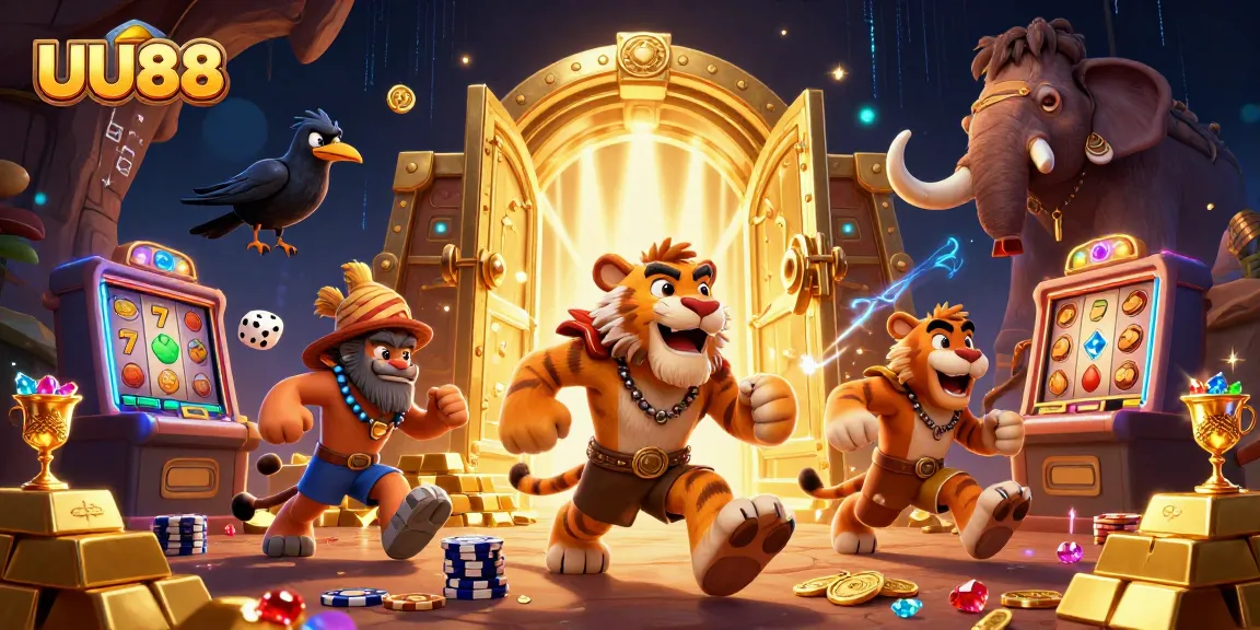 UU88 showcases a dynamic prehistoric casino scene with characters playing casino games.