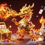 Engage with UU88's thrilling casino experience featuring a golden dragon and treasures.