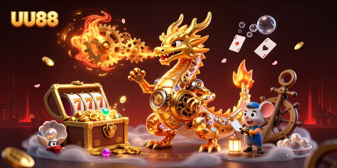 Engage with UU88's thrilling casino experience featuring a golden dragon and treasures.