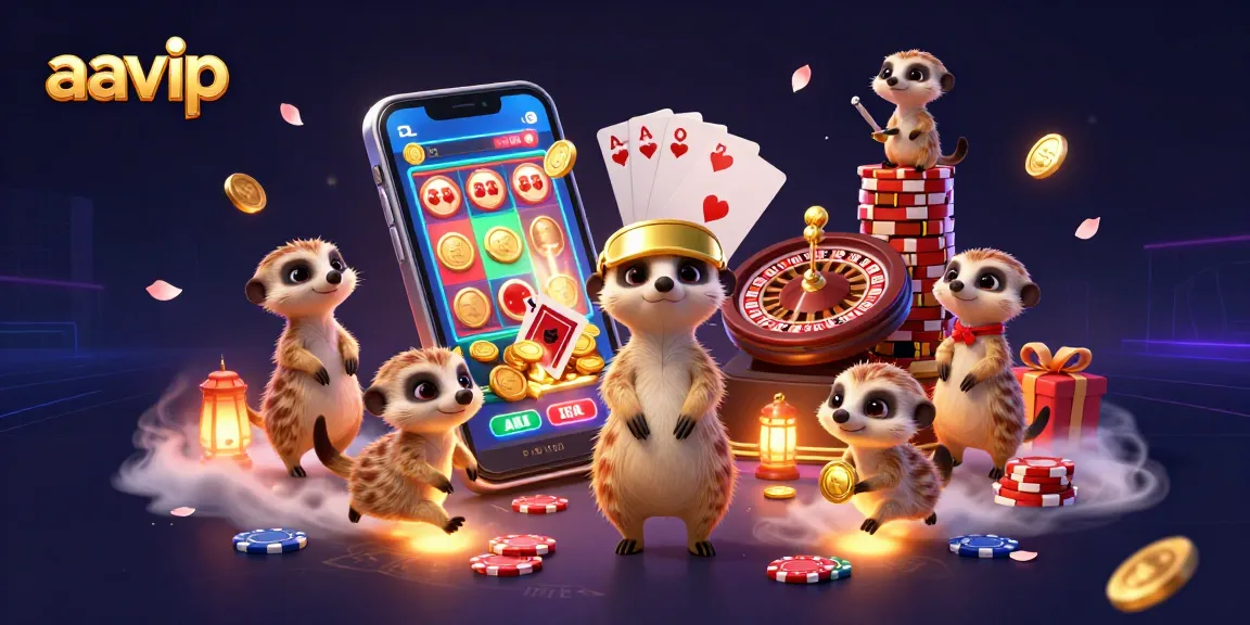 Experience a vivid scene of meerkats managing aavip's thrilling casino operation, full of excitement and game elements.