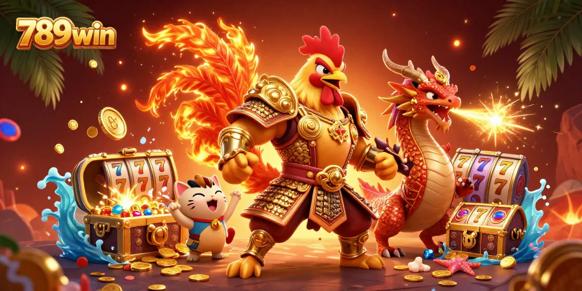 Engage in thrilling casino action with 789win's vibrant 3D illustration of a samurai rooster and dragon.