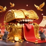 Kết quả bóng đá highlights exhilarating sports betting with a dynamic 3D illustration of a treasure-filled chest and adventurous mice.