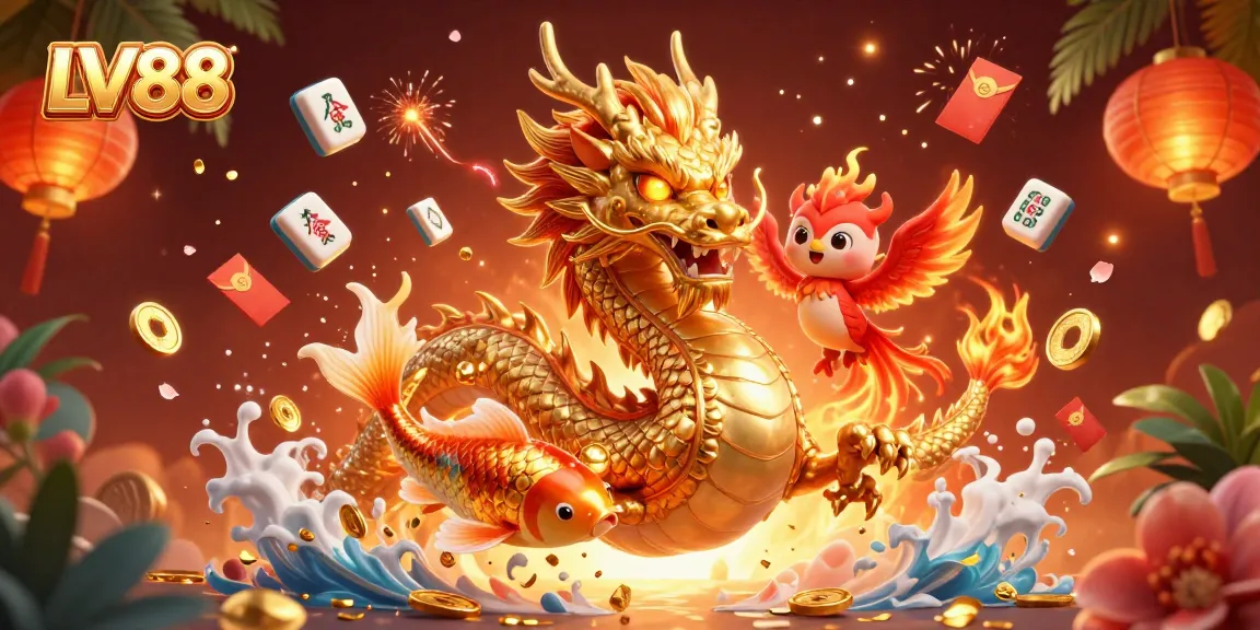 Experience thrilling action at LV88, featuring a golden dragon and lucky koi fish amidst dynamic casino elements.