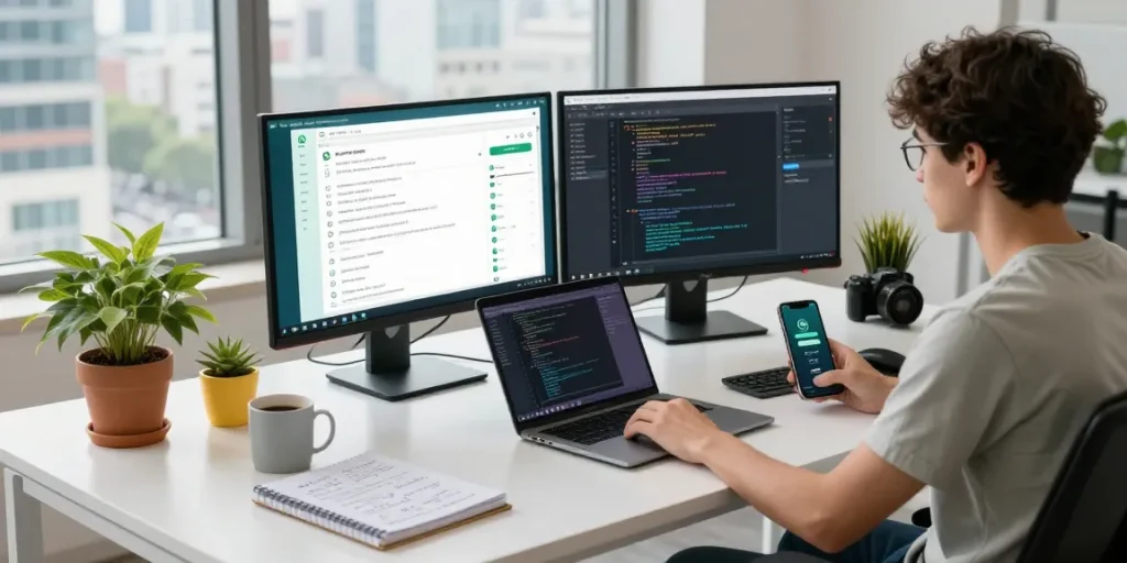 Developer using WhatsApp電腦版 in a modern workspace with coding and multitasking elements.