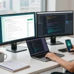 Developer using WhatsApp電腦版 in a modern workspace with coding and multitasking elements.