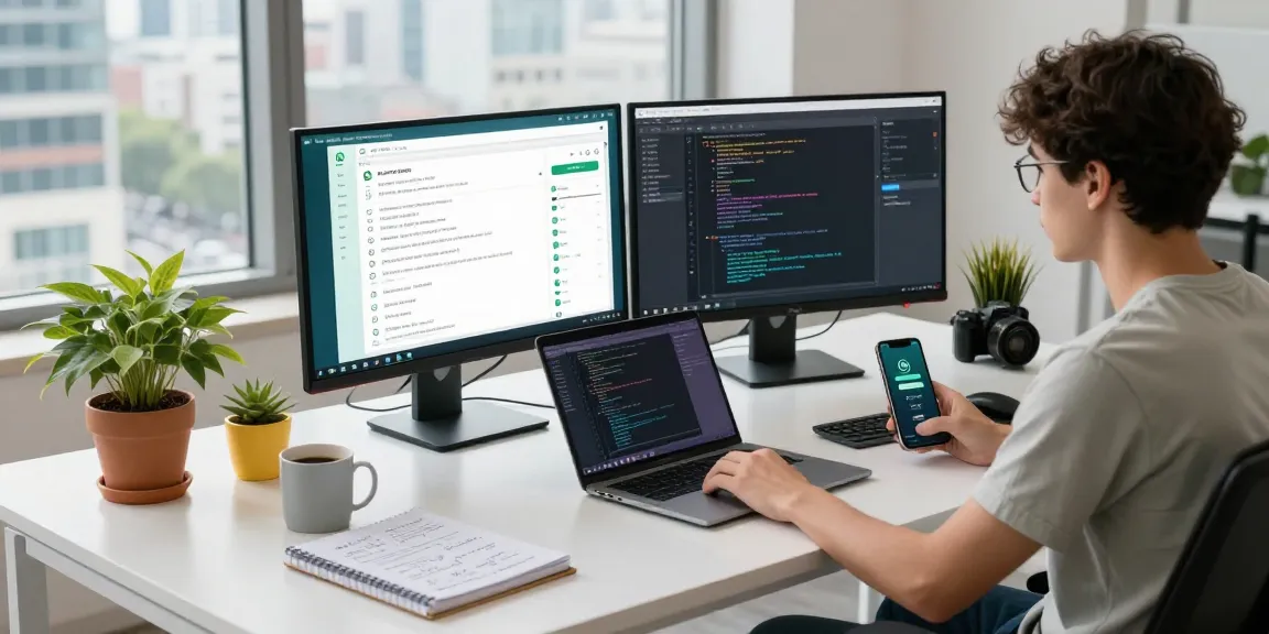 Developer using WhatsApp電腦版 in a modern workspace with coding and multitasking elements.