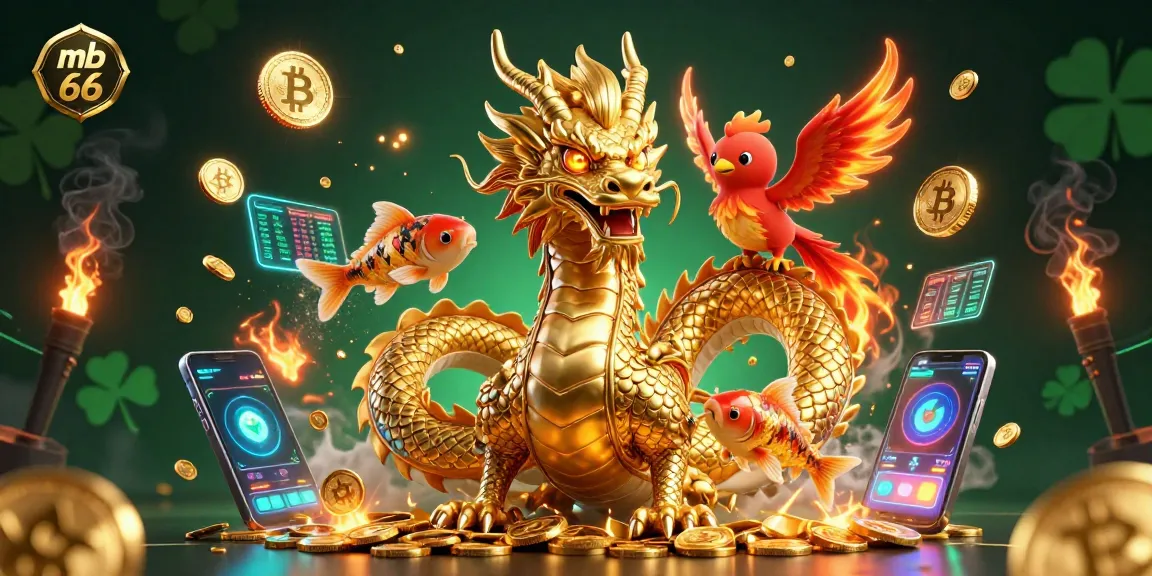 Experience thrilling gaming with mb 66, featuring a dynamic scene of a dragon, phoenix, and koi fish in action.